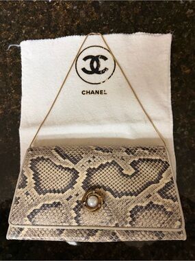 CHANEL Beige and Black Python Shoulder Bag with Pearl CC Button